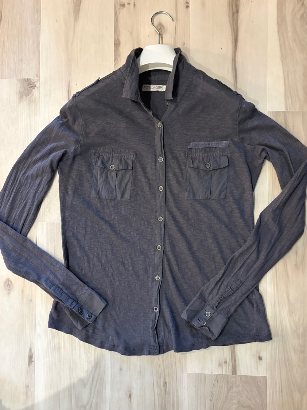 Roots Slate Gray Washed Utility Button Up Shirt Organic Epaulettes Women's M